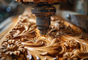 CNC router carving intricate designs on a wooden plank, sawdust - griyacutting.com - griyacutting.com